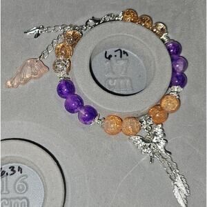 Orange Purple Wire Beaded Bracelet w Butterfly and Feather Charms #770